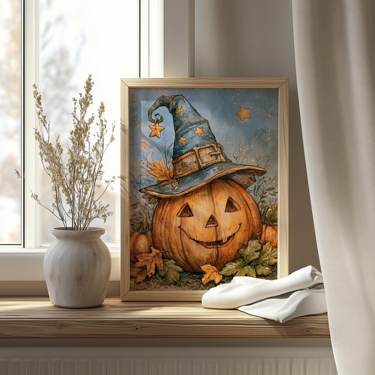 Starry Pumpkin Witch Halloween art print shown in a room setting