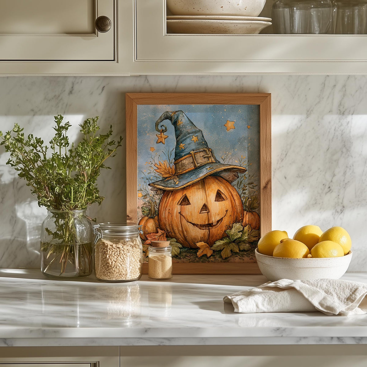 Starry Pumpkin Witch Halloween art print shown in a room setting