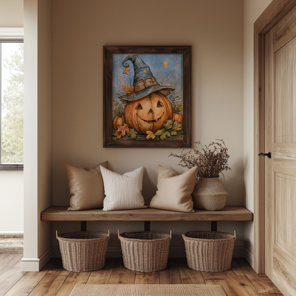 Starry Pumpkin Witch Halloween art print shown in a room setting
