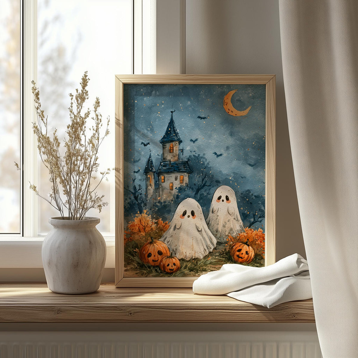 Castle Ghosts Halloween art print shown in a room setting