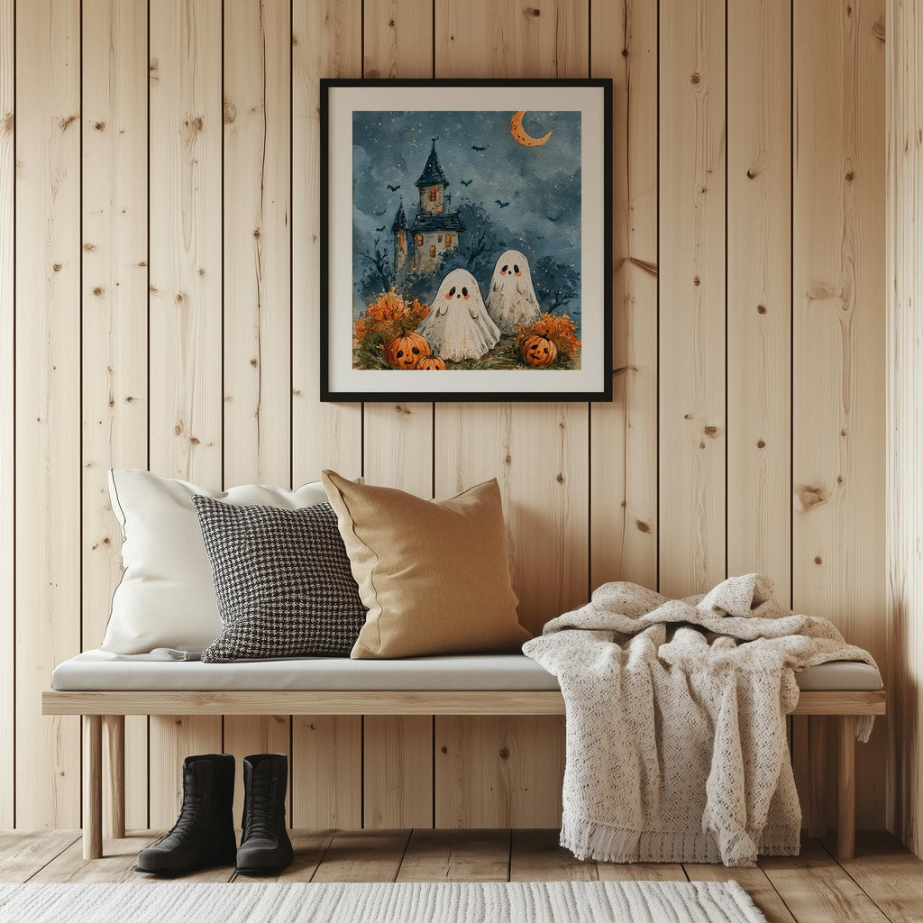 Castle Ghosts Halloween art print shown in a room setting