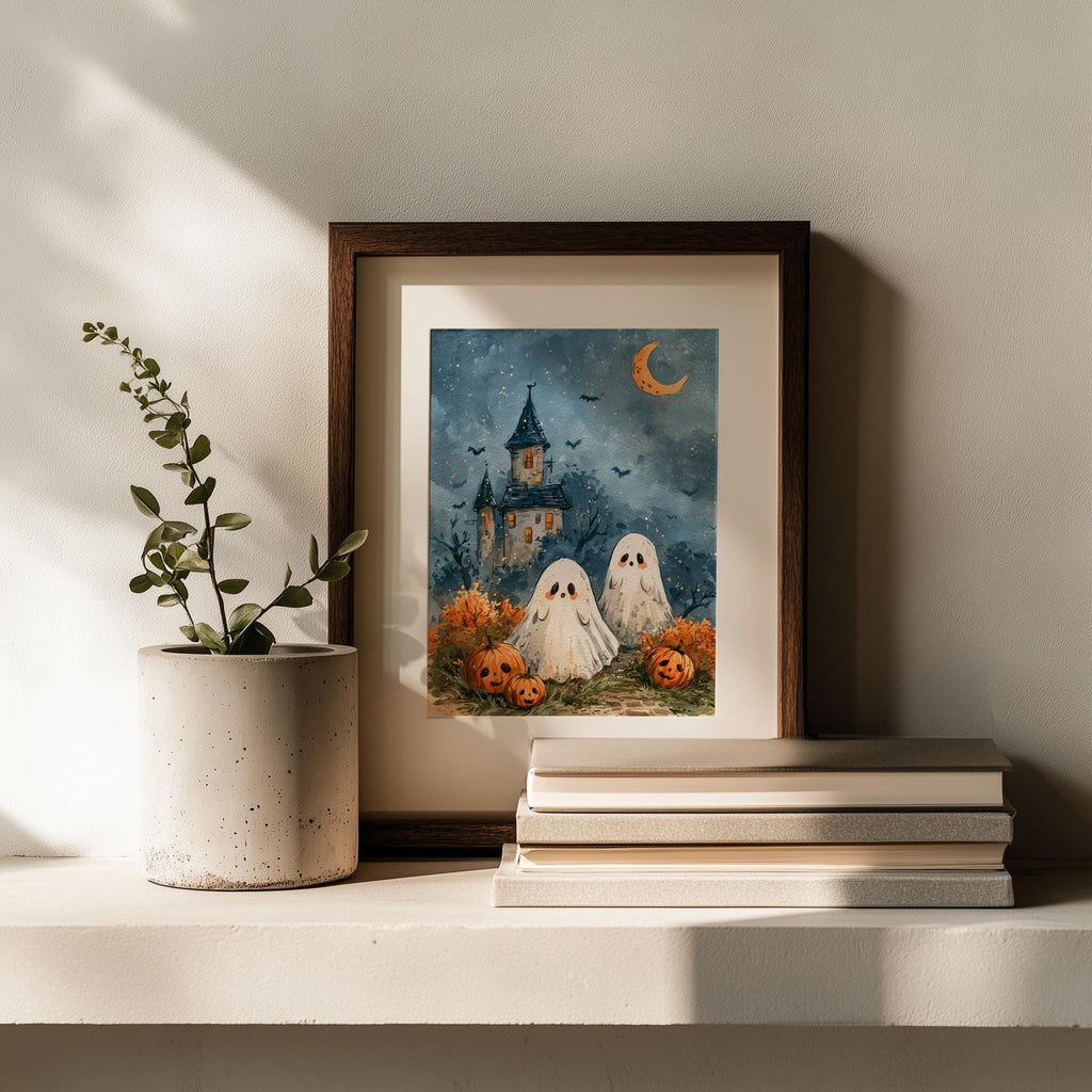 Castle Ghosts Halloween art print shown in a room setting