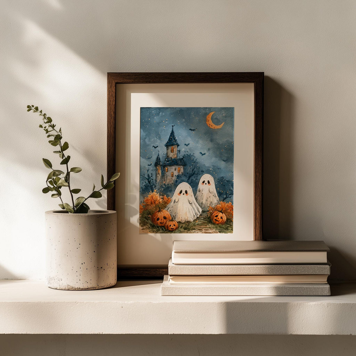 Castle Ghosts Halloween art print shown in a room setting
