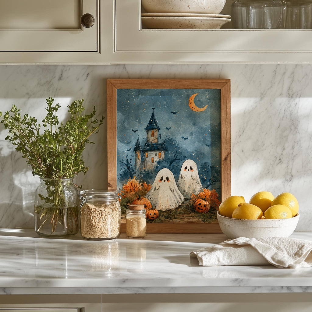 Castle Ghosts Halloween art print shown in a room setting