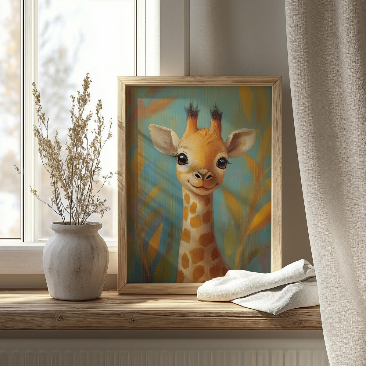 Storybook Giraffe animal art print shown in a room setting