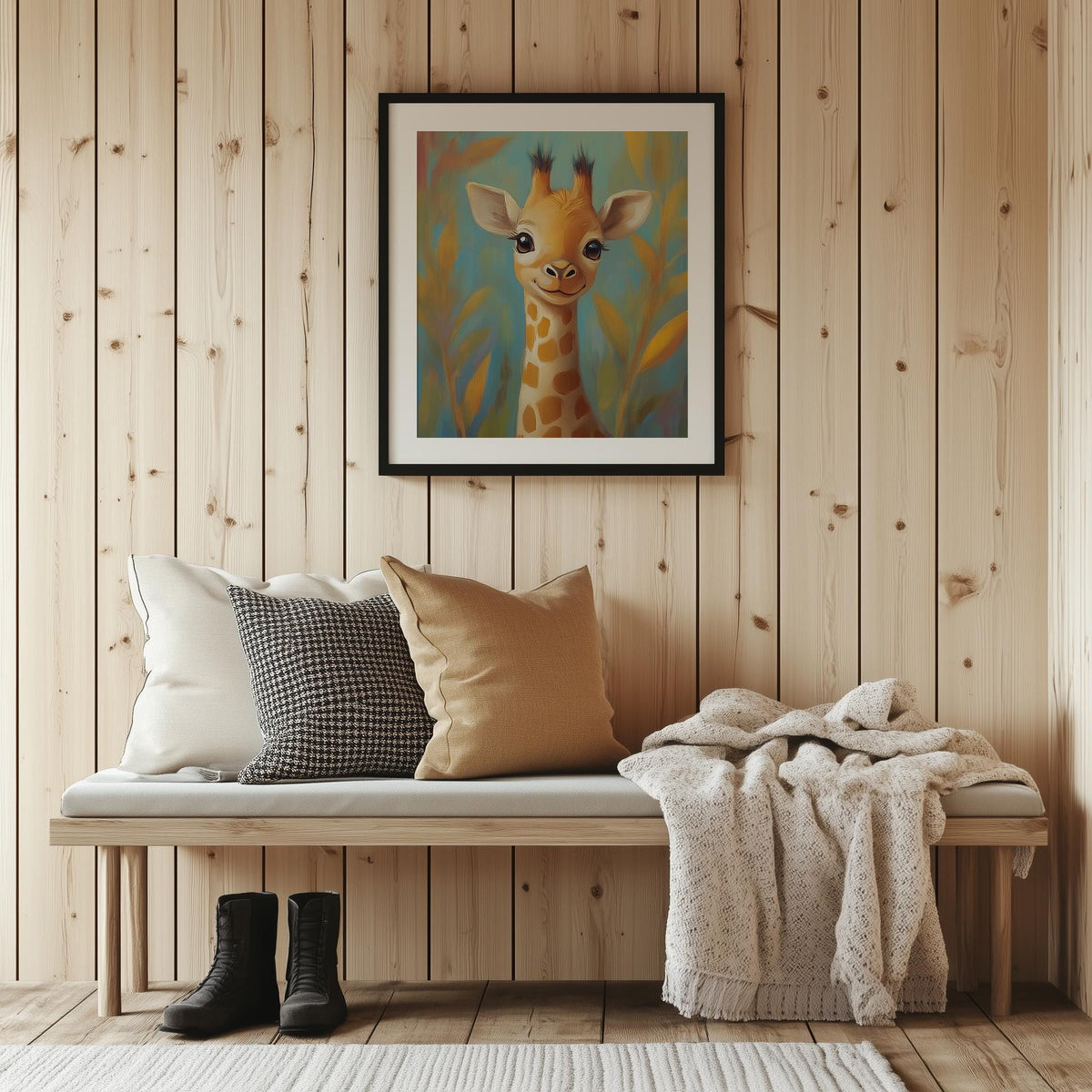 Storybook Giraffe animal art print shown in a room setting