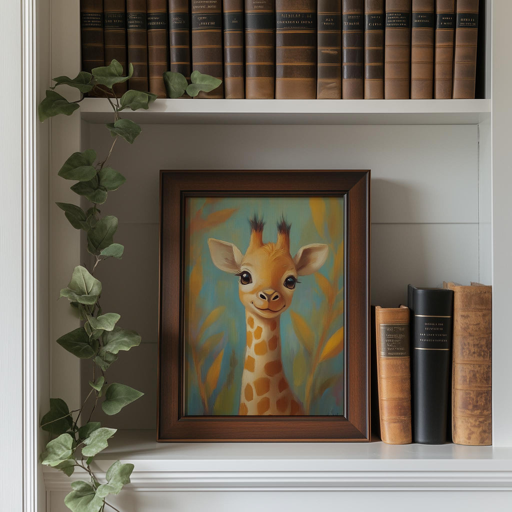 Storybook Giraffe animal art print shown in a room setting