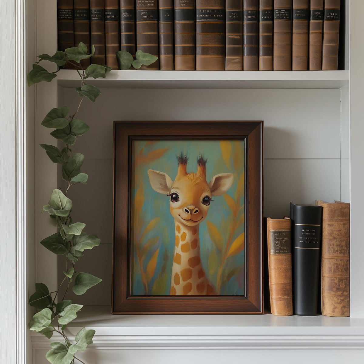 Storybook Giraffe animal art print shown in a room setting