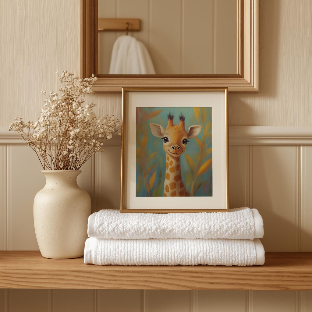 Storybook Giraffe animal art print shown in a room setting