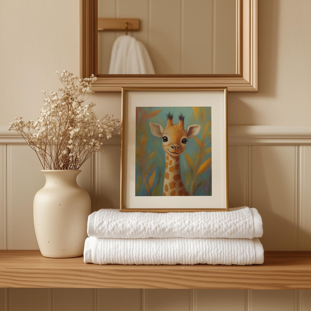 Storybook Giraffe animal art print shown in a room setting