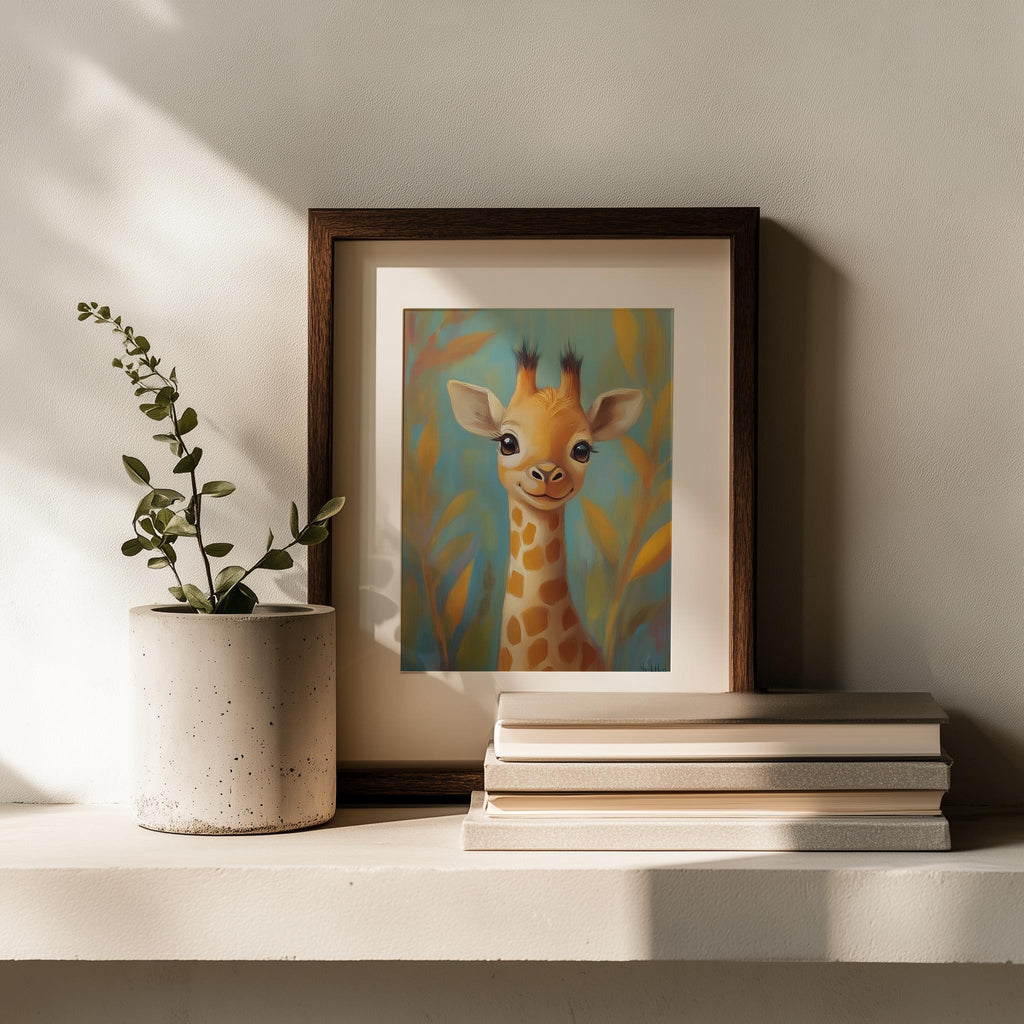 Storybook Giraffe animal art print shown in a room setting