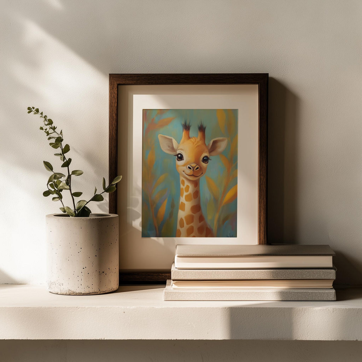 Storybook Giraffe animal art print shown in a room setting