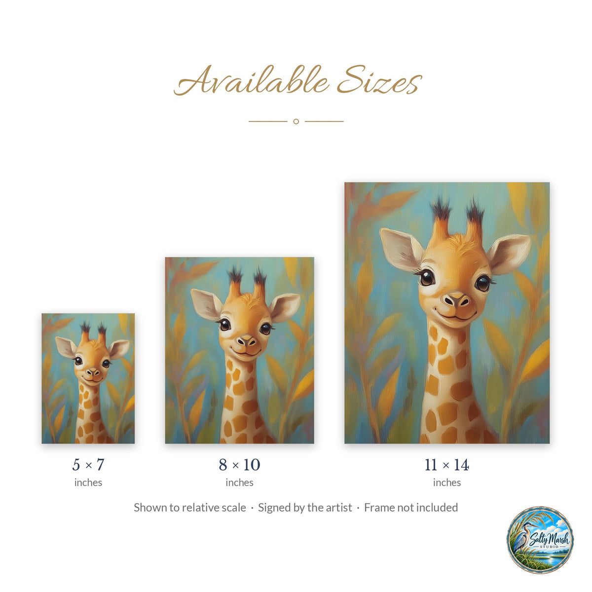 Storybook Giraffe art print size guide: 5x7, 8x10 and 11x14