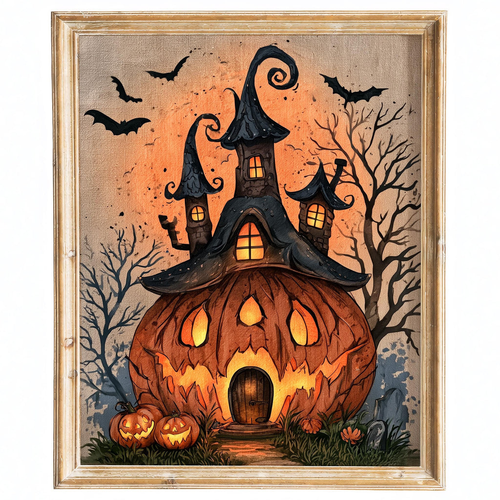 Pumpkin House Halloween art print framed