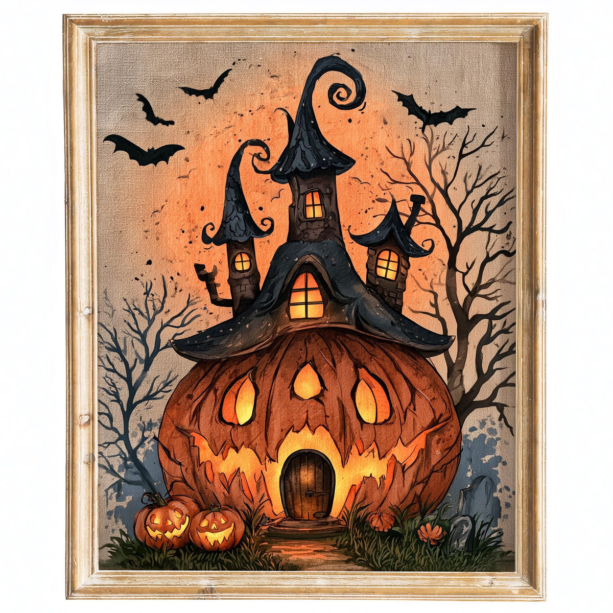 Pumpkin House Halloween art print framed