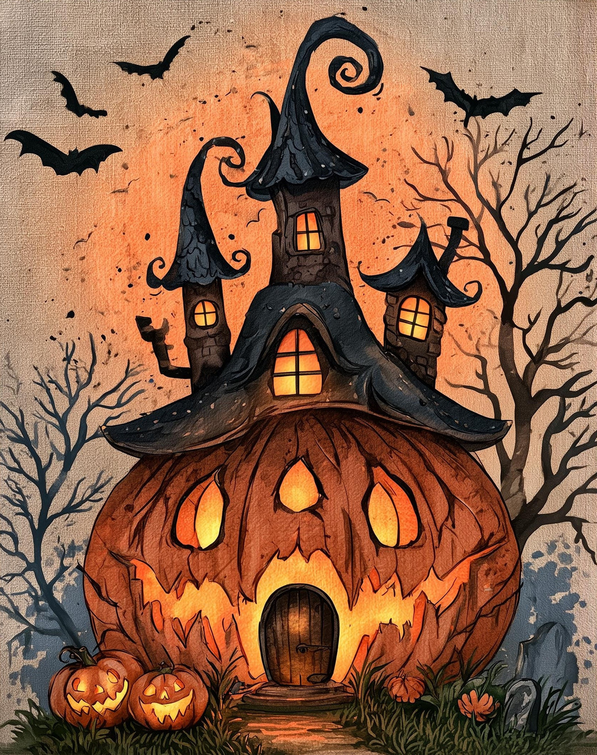 Pumpkin House Halloween art print unframed, signed by Pattie Overcash