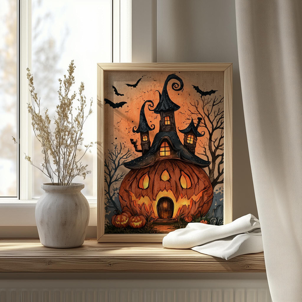 Pumpkin House Halloween art print shown in a room setting