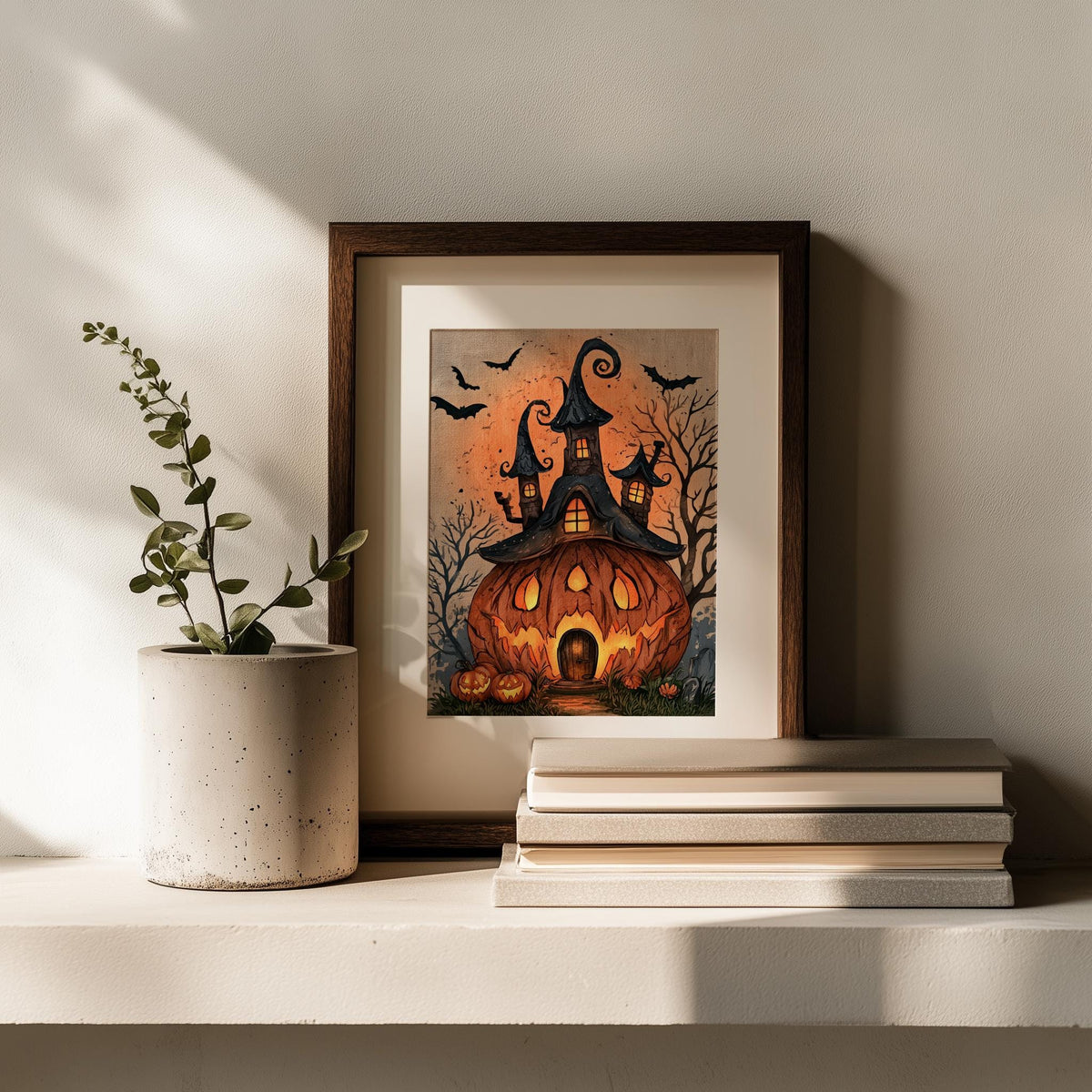 Pumpkin House Halloween art print shown in a room setting