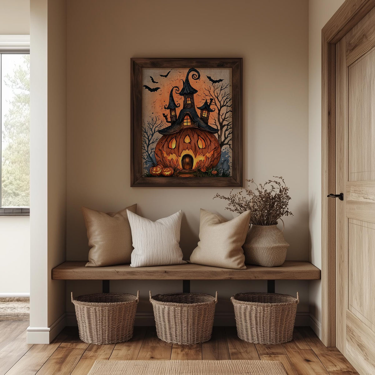 Pumpkin House Halloween art print shown in a room setting