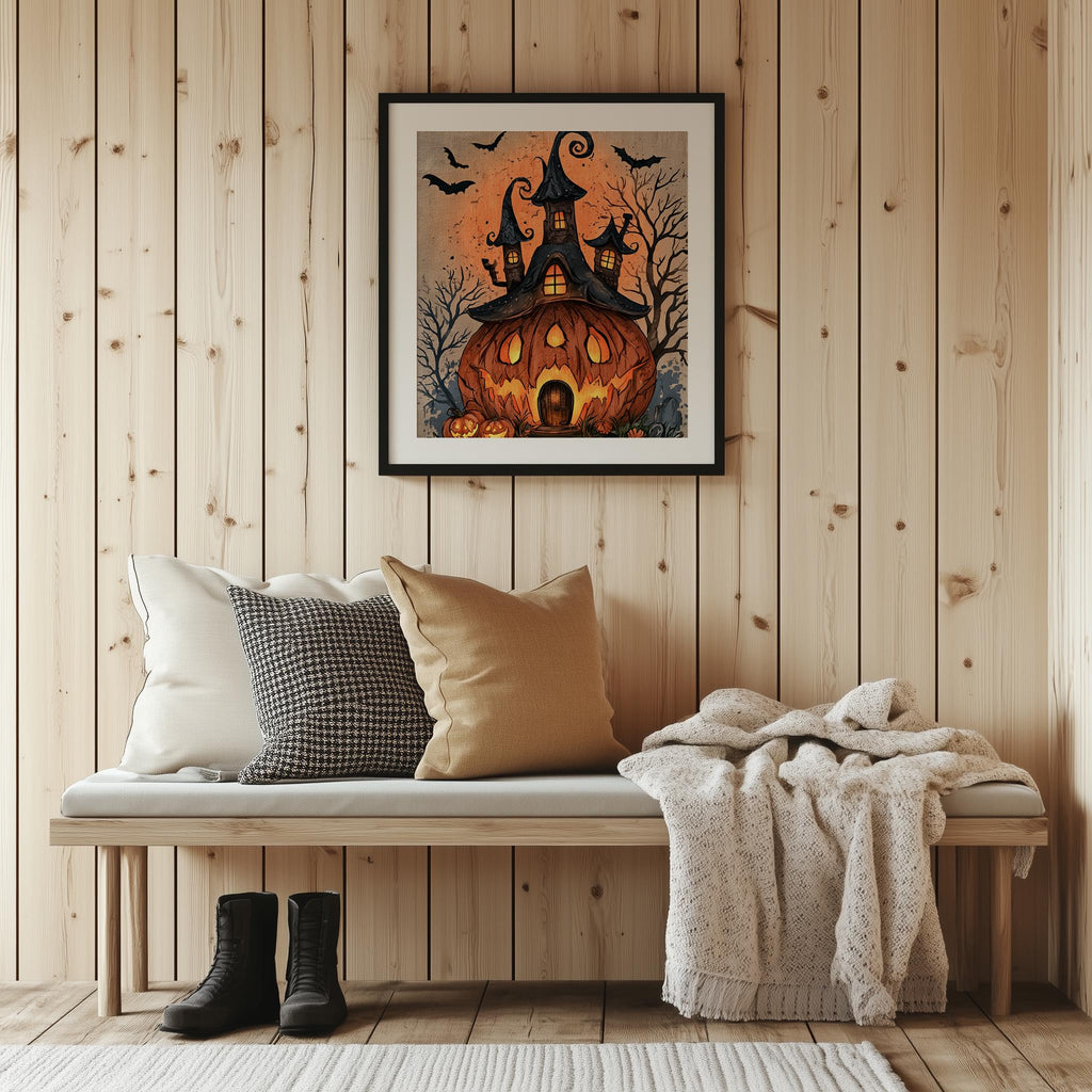 Pumpkin House Halloween art print shown in a room setting
