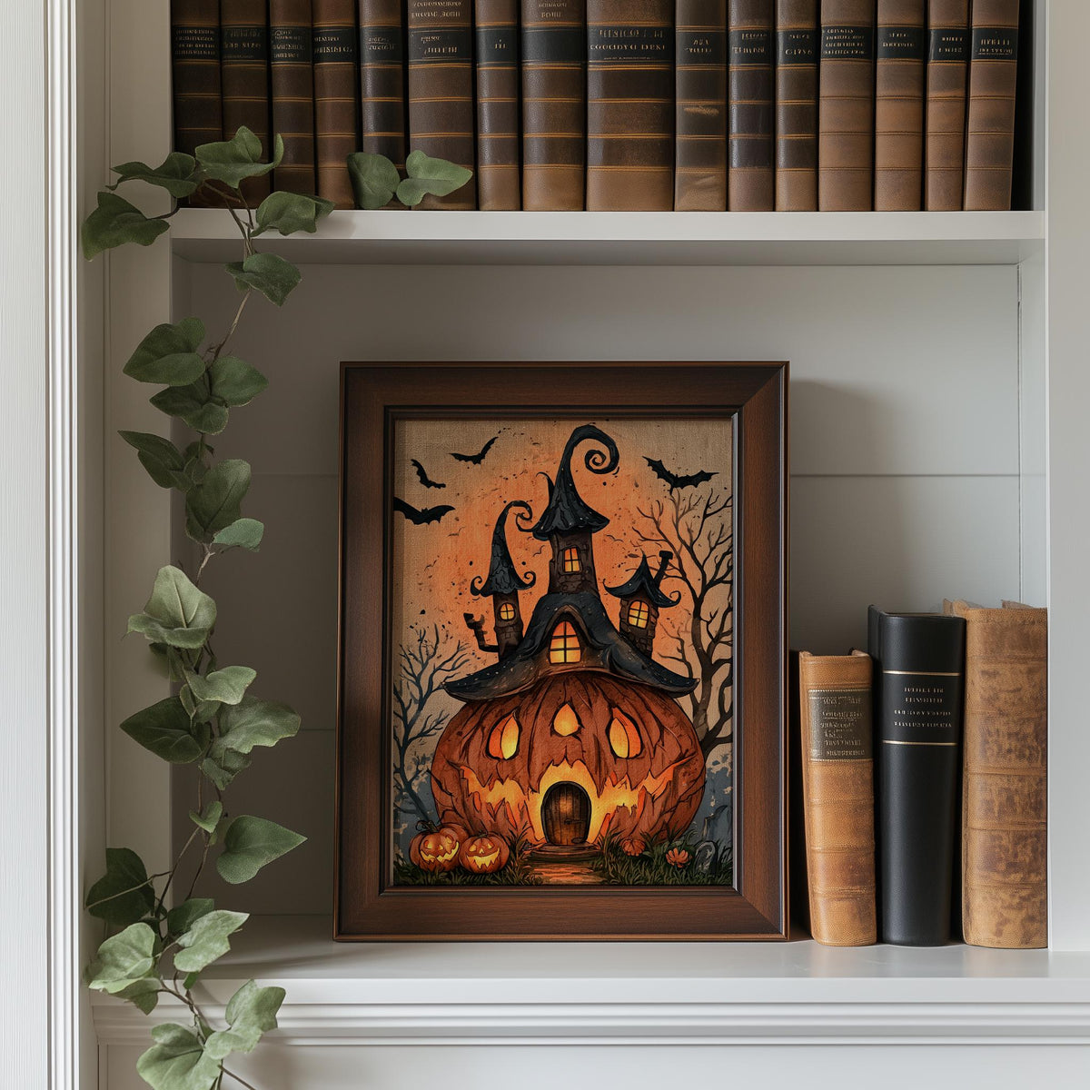 Pumpkin House Halloween art print shown in a room setting