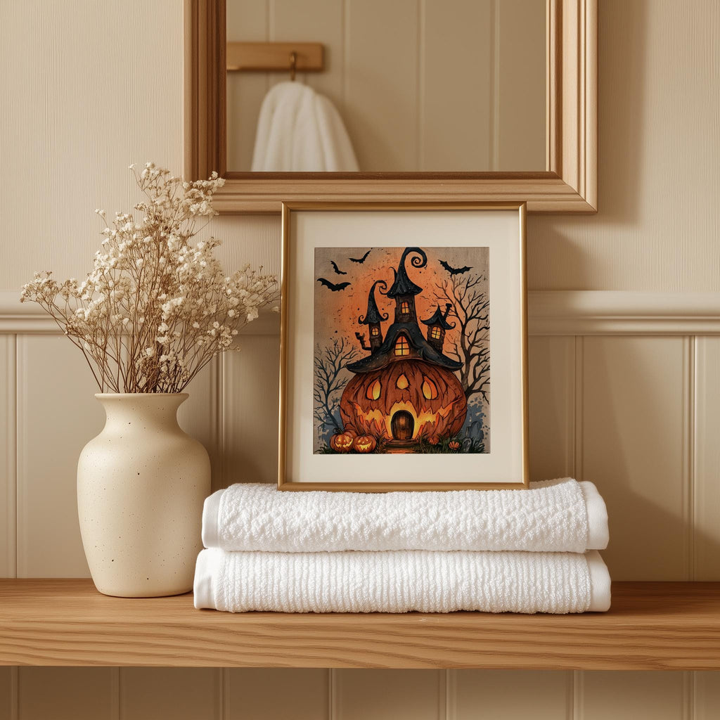 Pumpkin House Halloween art print shown in a room setting