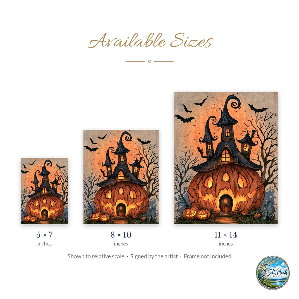 Pumpkin House art print size guide: 5x7, 8x10 and 11x14