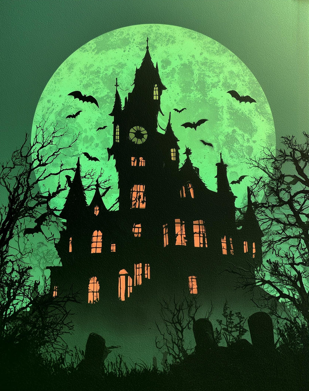 Green Moon Mansion Halloween art print unframed, signed by Pattie Overcash