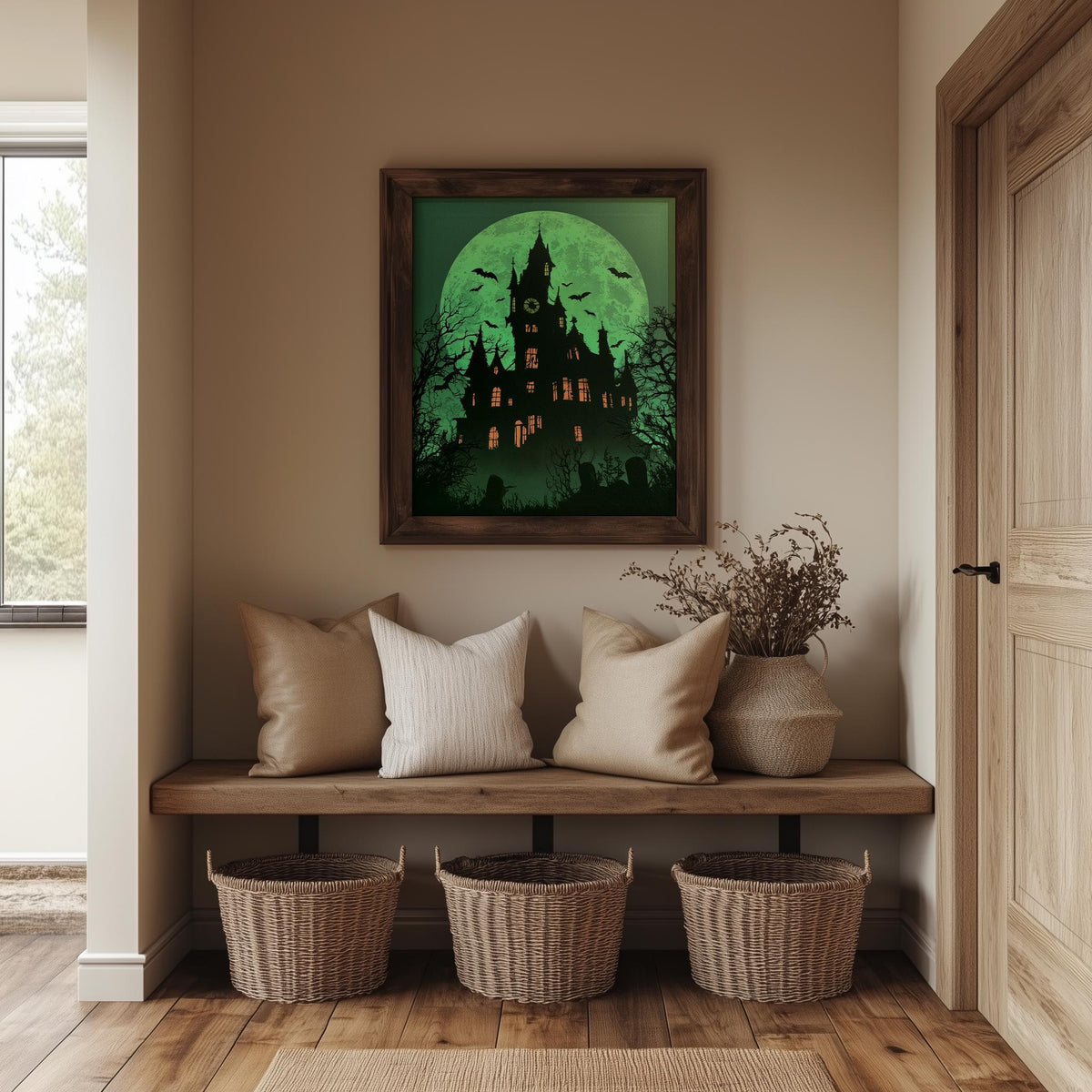 Green Moon Mansion Halloween art print shown in a room setting