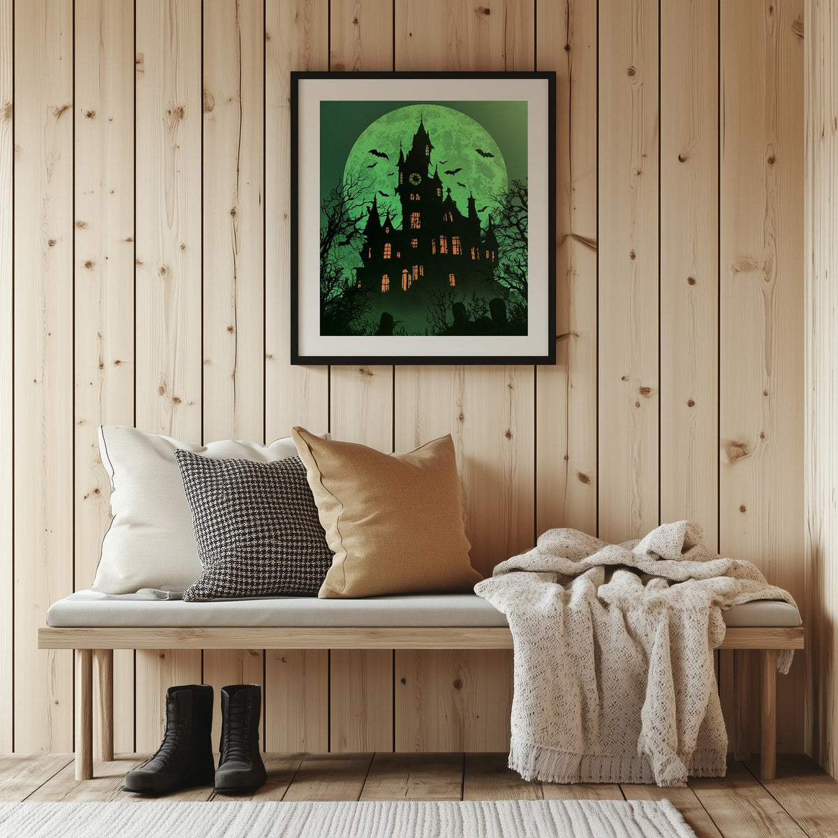 Green Moon Mansion Halloween art print shown in a room setting