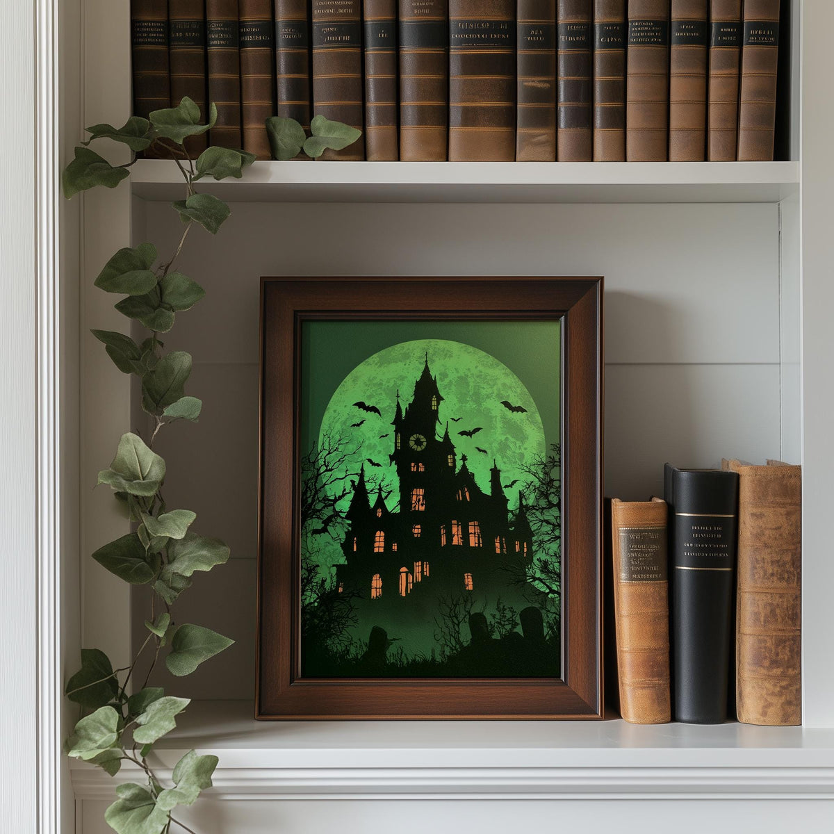 Green Moon Mansion Halloween art print shown in a room setting