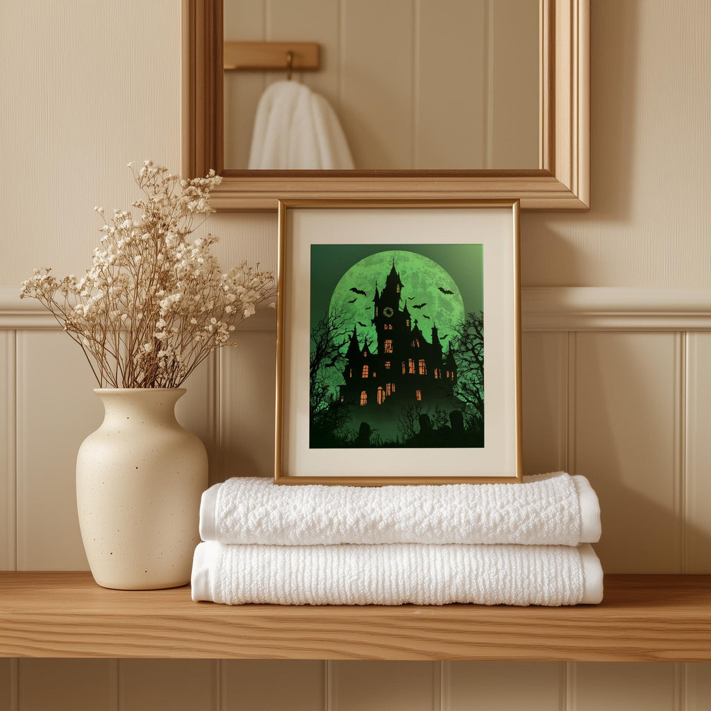 Green Moon Mansion Halloween art print shown in a room setting