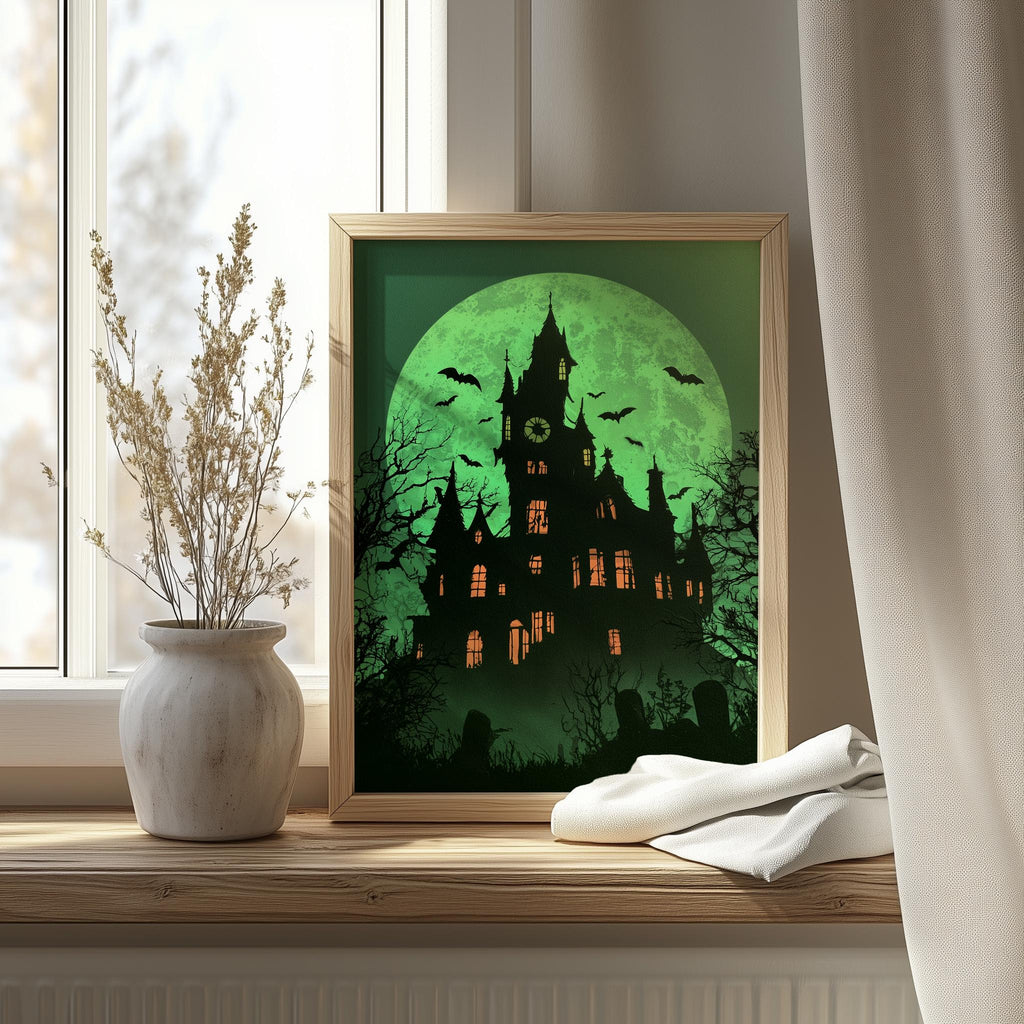 Green Moon Mansion Halloween art print shown in a room setting