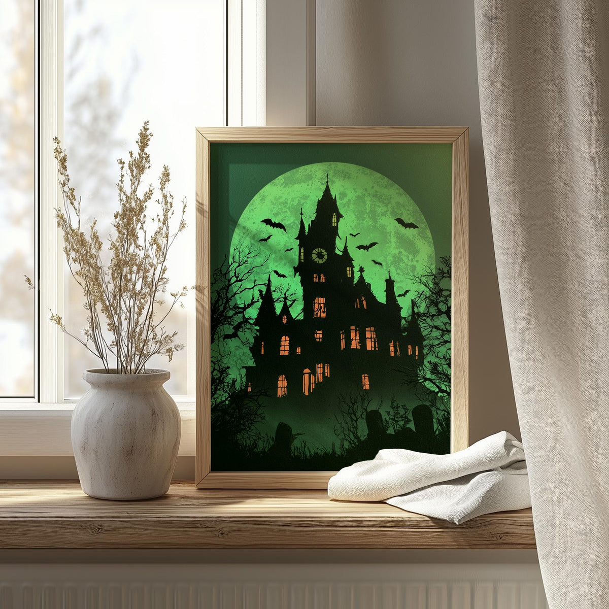Green Moon Mansion Halloween art print shown in a room setting