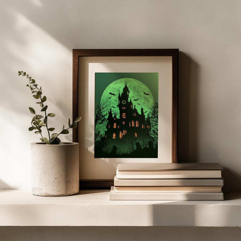 Green Moon Mansion Halloween art print shown in a room setting