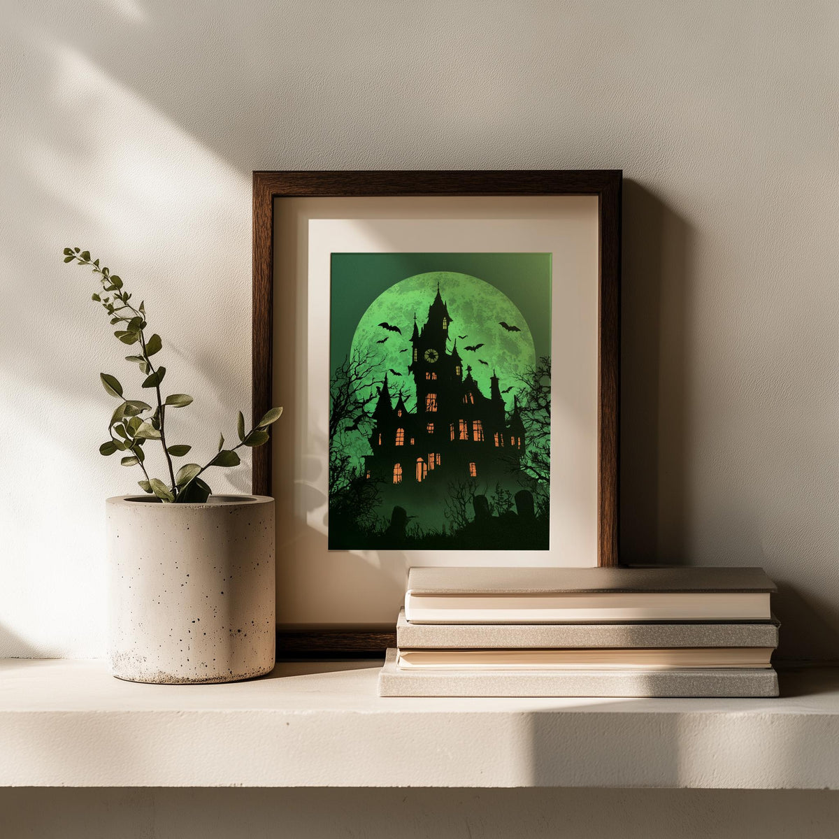 Green Moon Mansion Halloween art print shown in a room setting