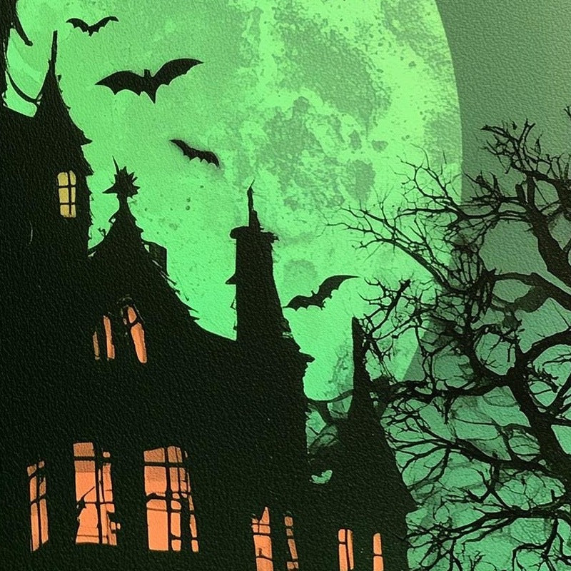 Green Moon Mansion Halloween art print close-up detail