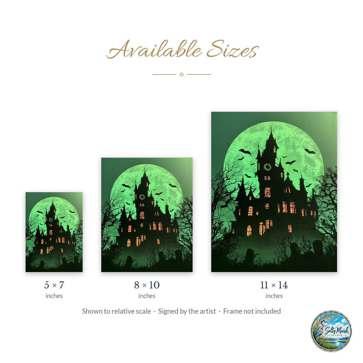 Green Moon Mansion art print size guide: 5x7, 8x10 and 11x14