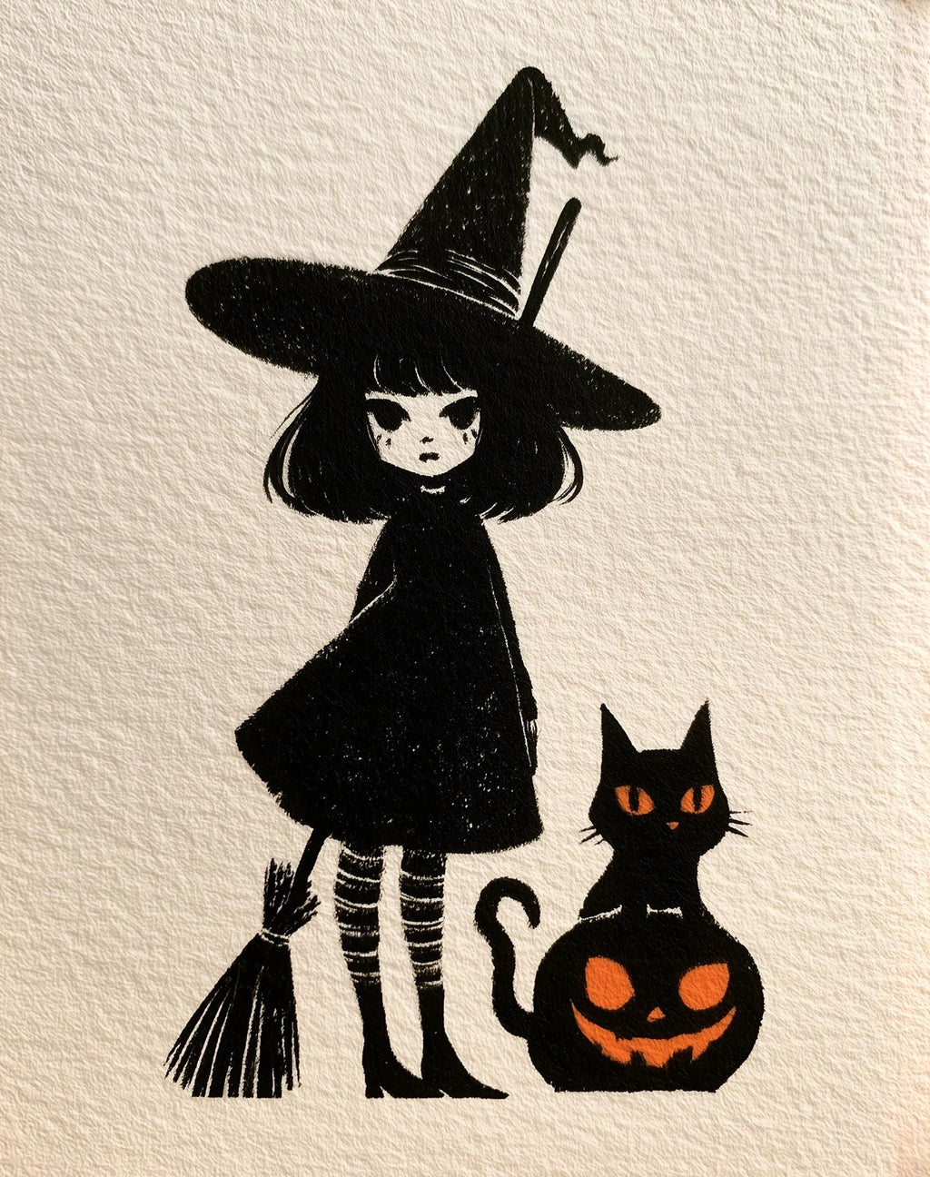 Storybook Witch Girl Halloween art print unframed, signed by Pattie Overcash