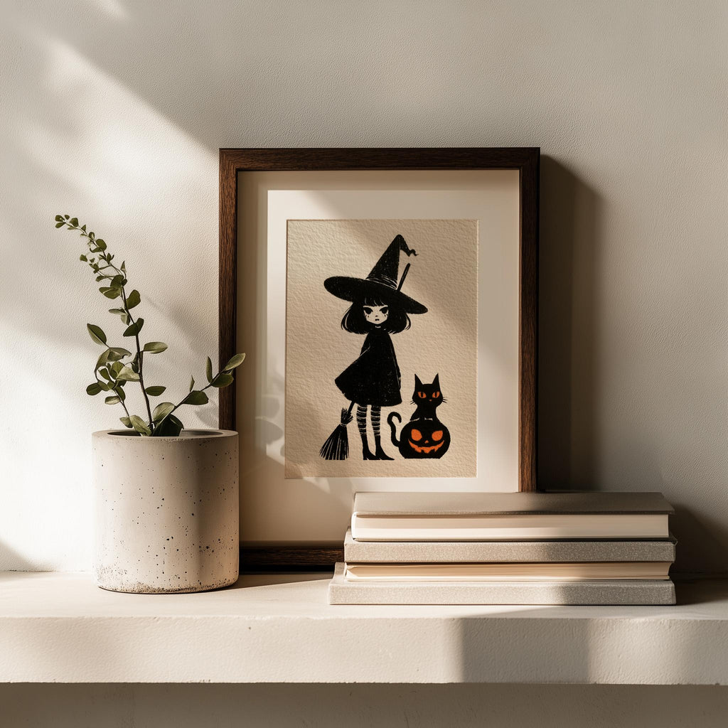 Storybook Witch Girl Halloween art print shown in a room setting