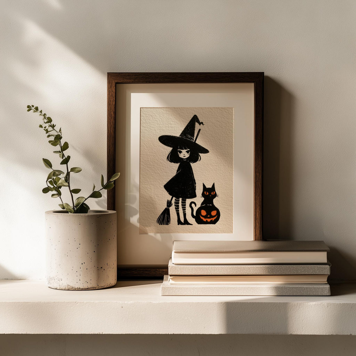 Storybook Witch Girl Halloween art print shown in a room setting