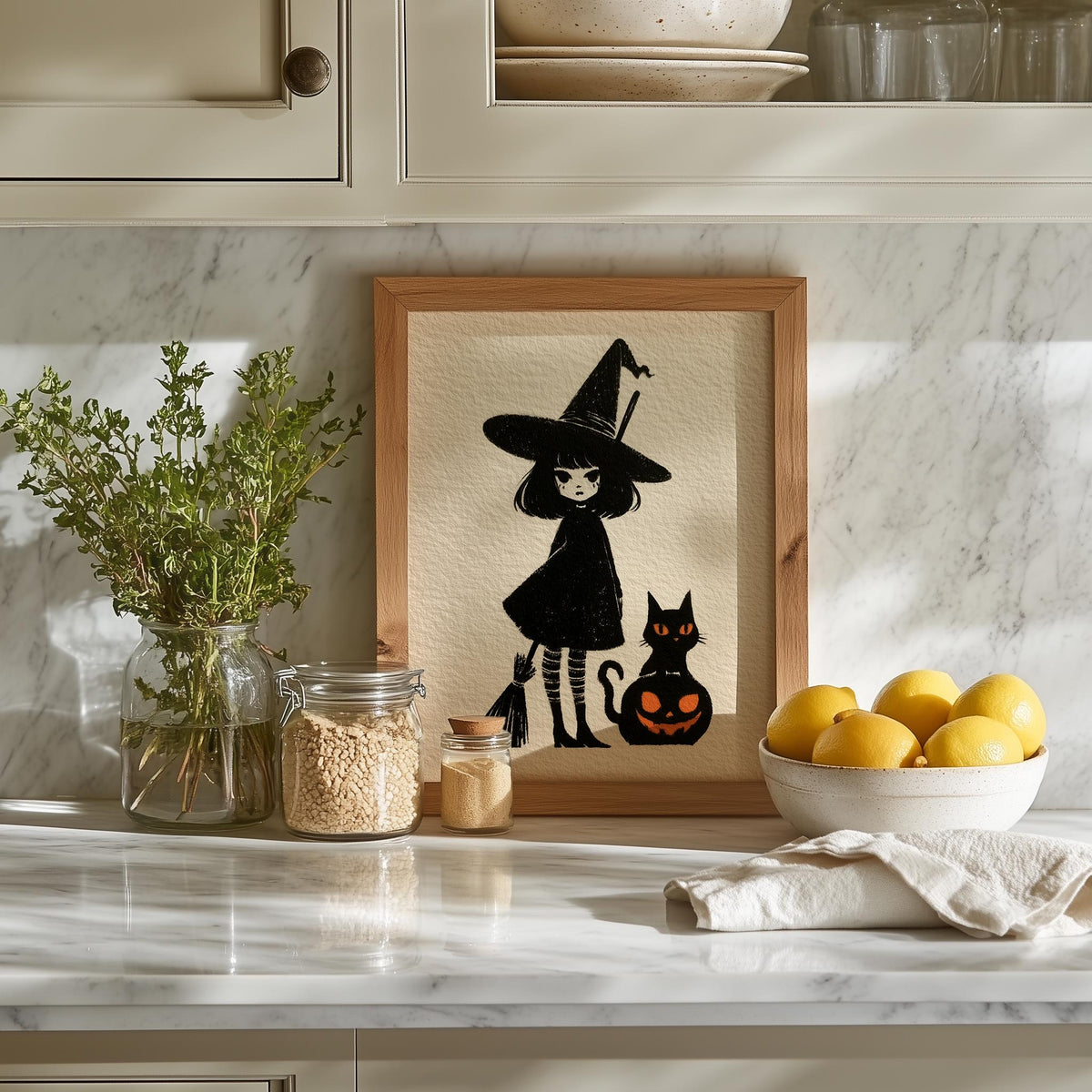 Storybook Witch Girl Halloween art print shown in a room setting