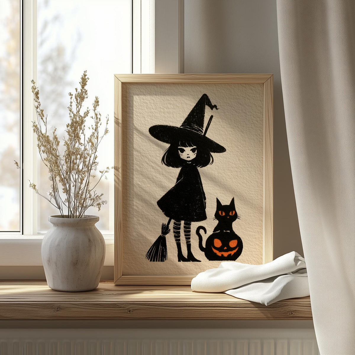 Storybook Witch Girl Halloween art print shown in a room setting