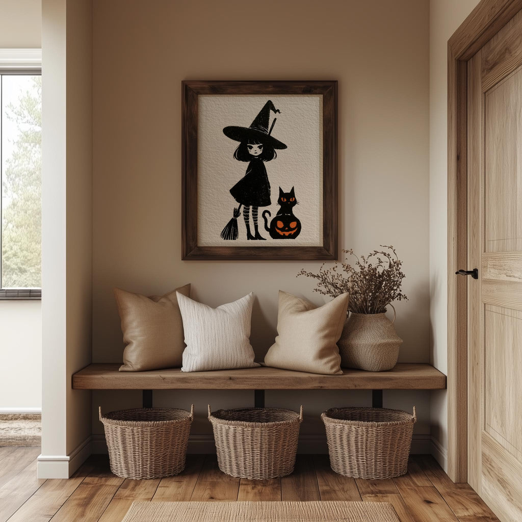 Storybook Witch Girl Halloween art print shown in a room setting