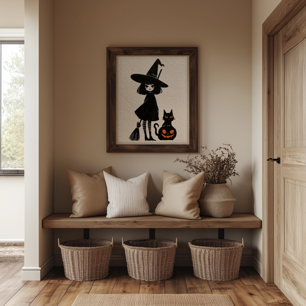 Storybook Witch Girl Halloween art print shown in a room setting