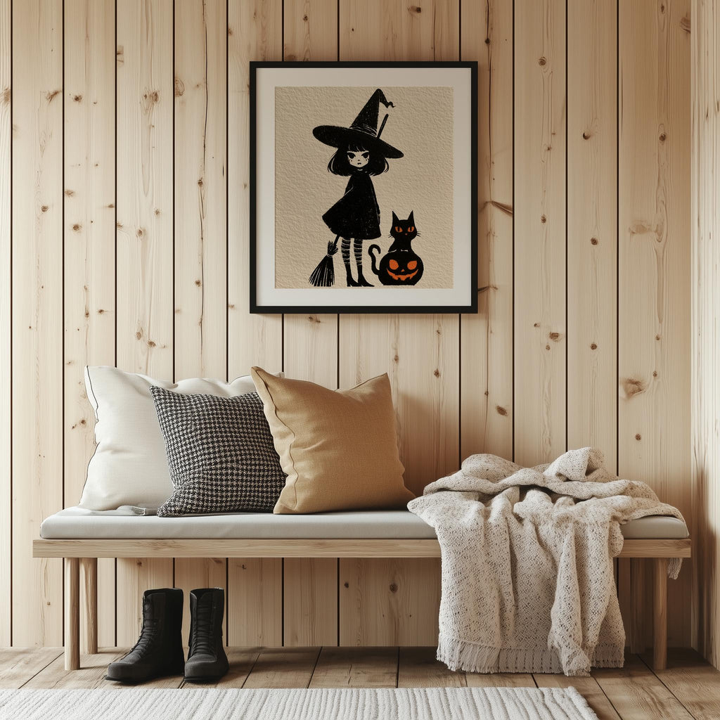 Storybook Witch Girl Halloween art print shown in a room setting