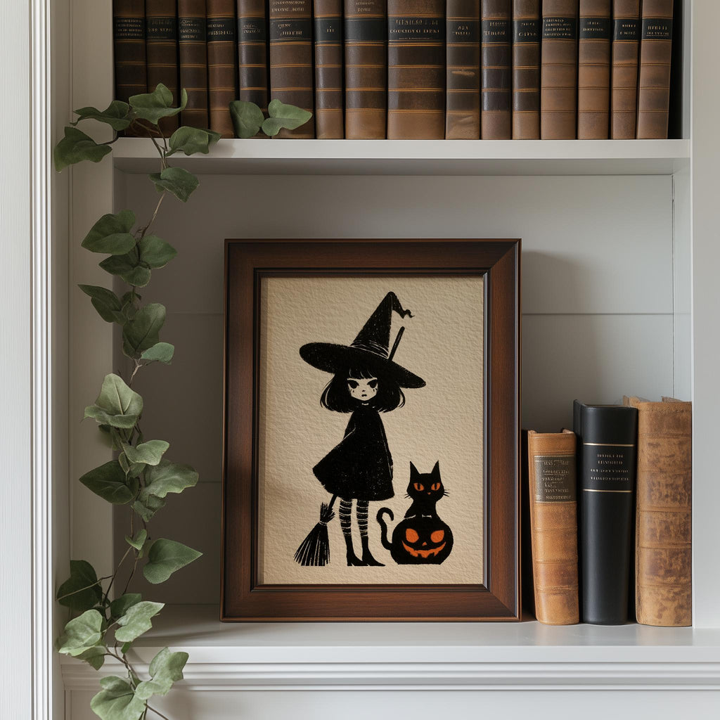 Storybook Witch Girl Halloween art print shown in a room setting