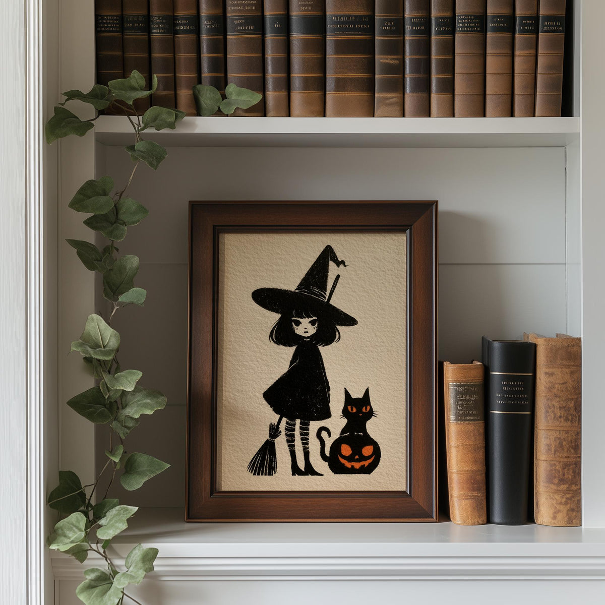 Storybook Witch Girl Halloween art print shown in a room setting