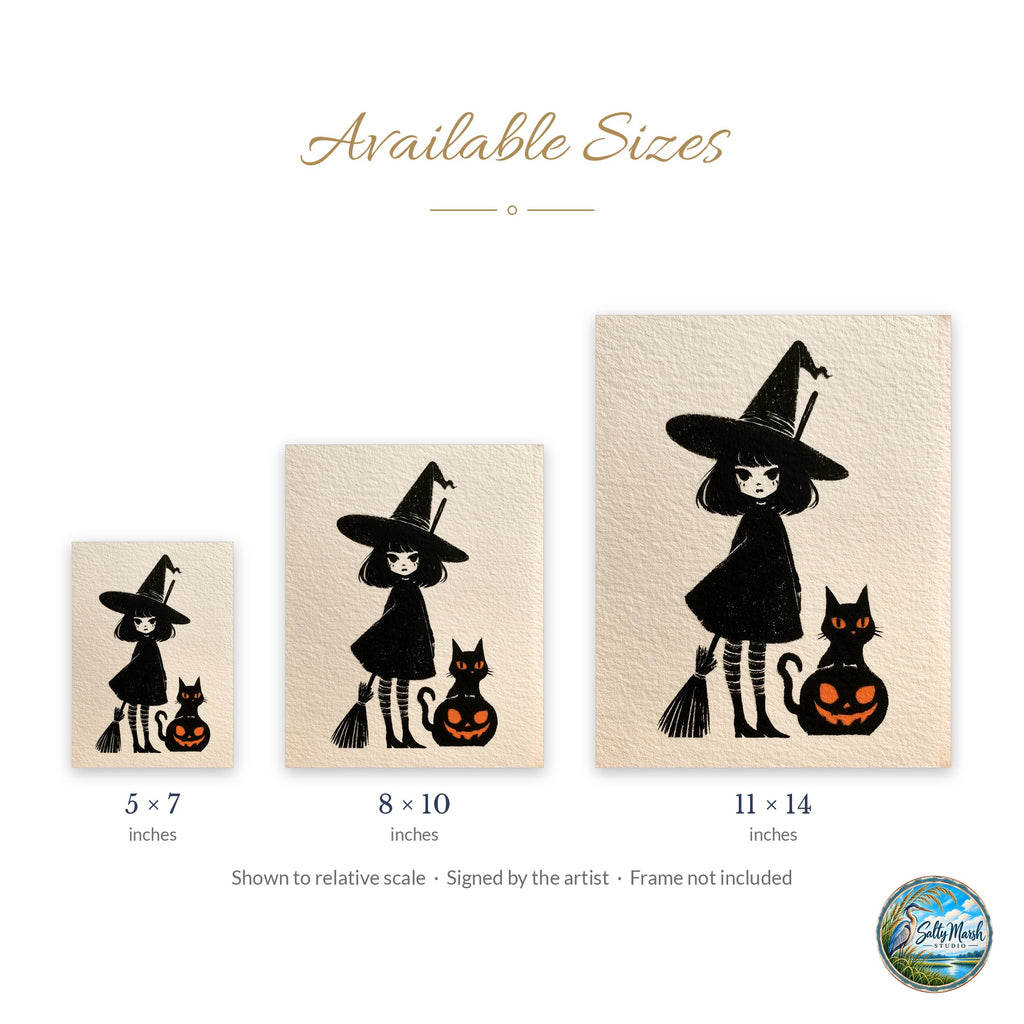 Storybook Witch Girl art print size guide: 5x7, 8x10 and 11x14