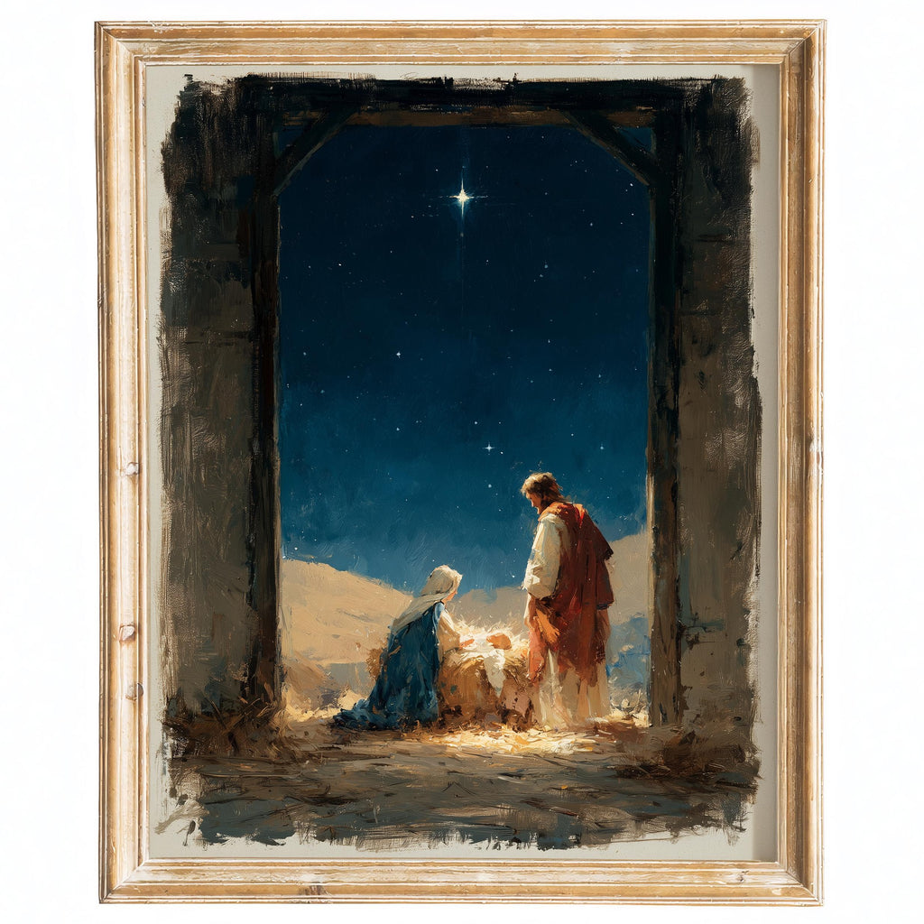 Moody Nativity Christmas art print framed